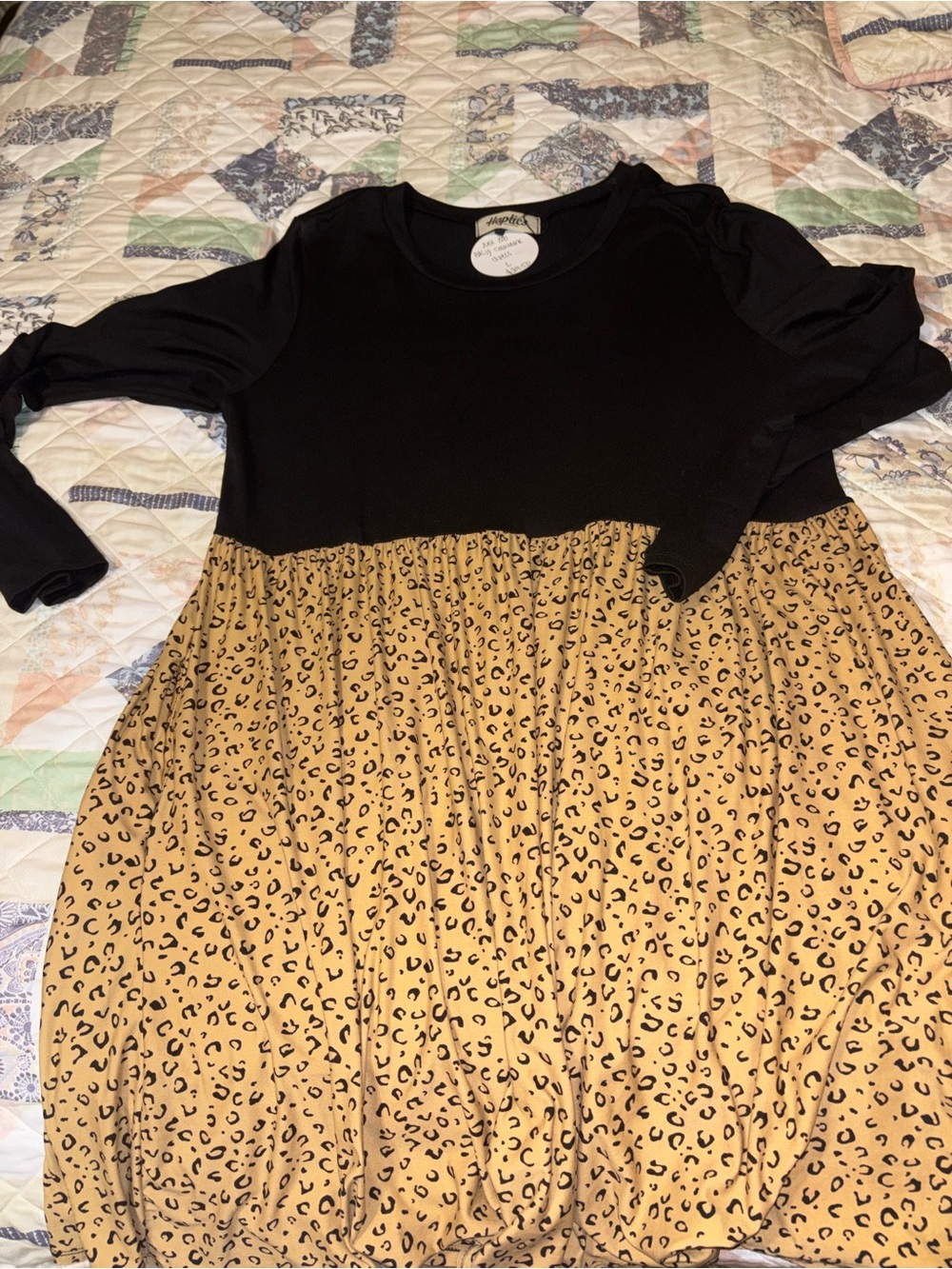 Black and Tan Leopard-Print Long Sleeve Women's Dress